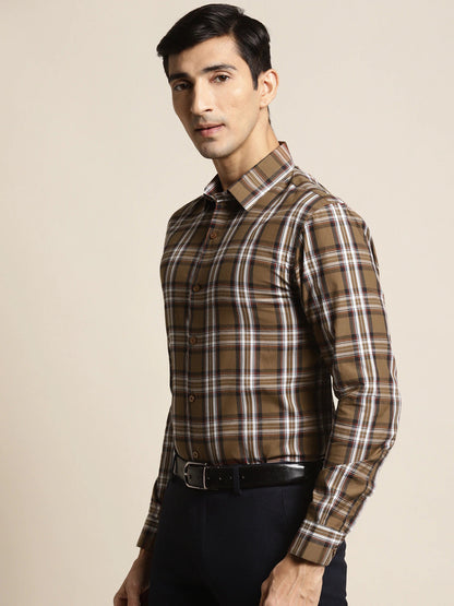 Men's Cotton Brown & White Check Formal Shirt