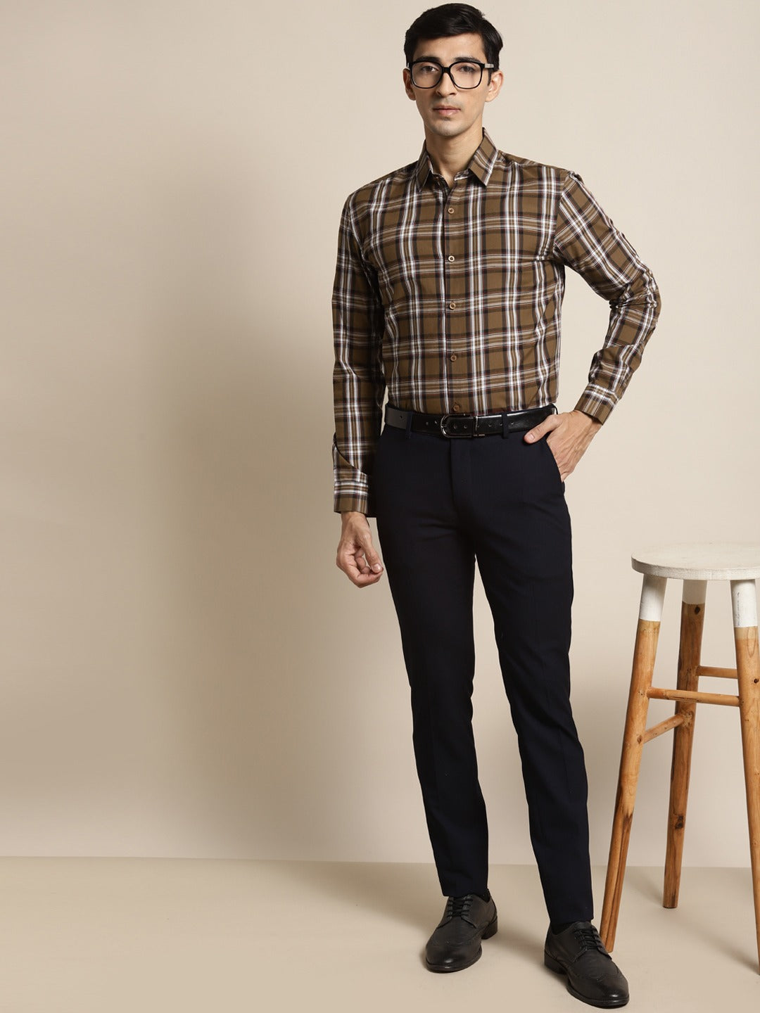 Men's Cotton Brown & White Check Formal Shirt