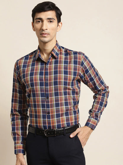 Men's Cotton Orange & Navy Blue Check Formal Shirt