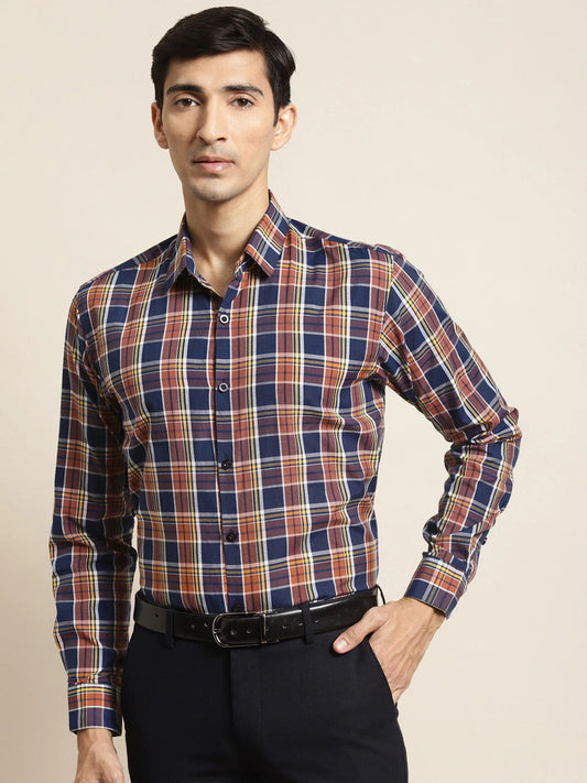 Men's Cotton Orange & Navy Blue Check Formal Shirt