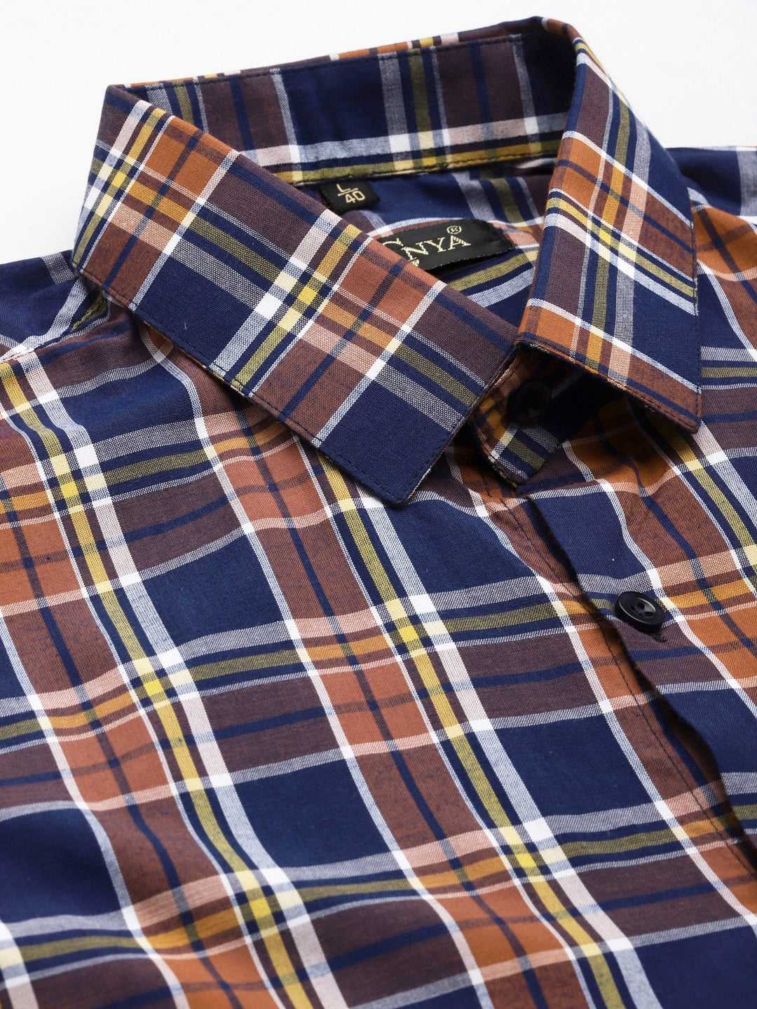 Men's Cotton Orange & Navy Blue Check Formal Shirt