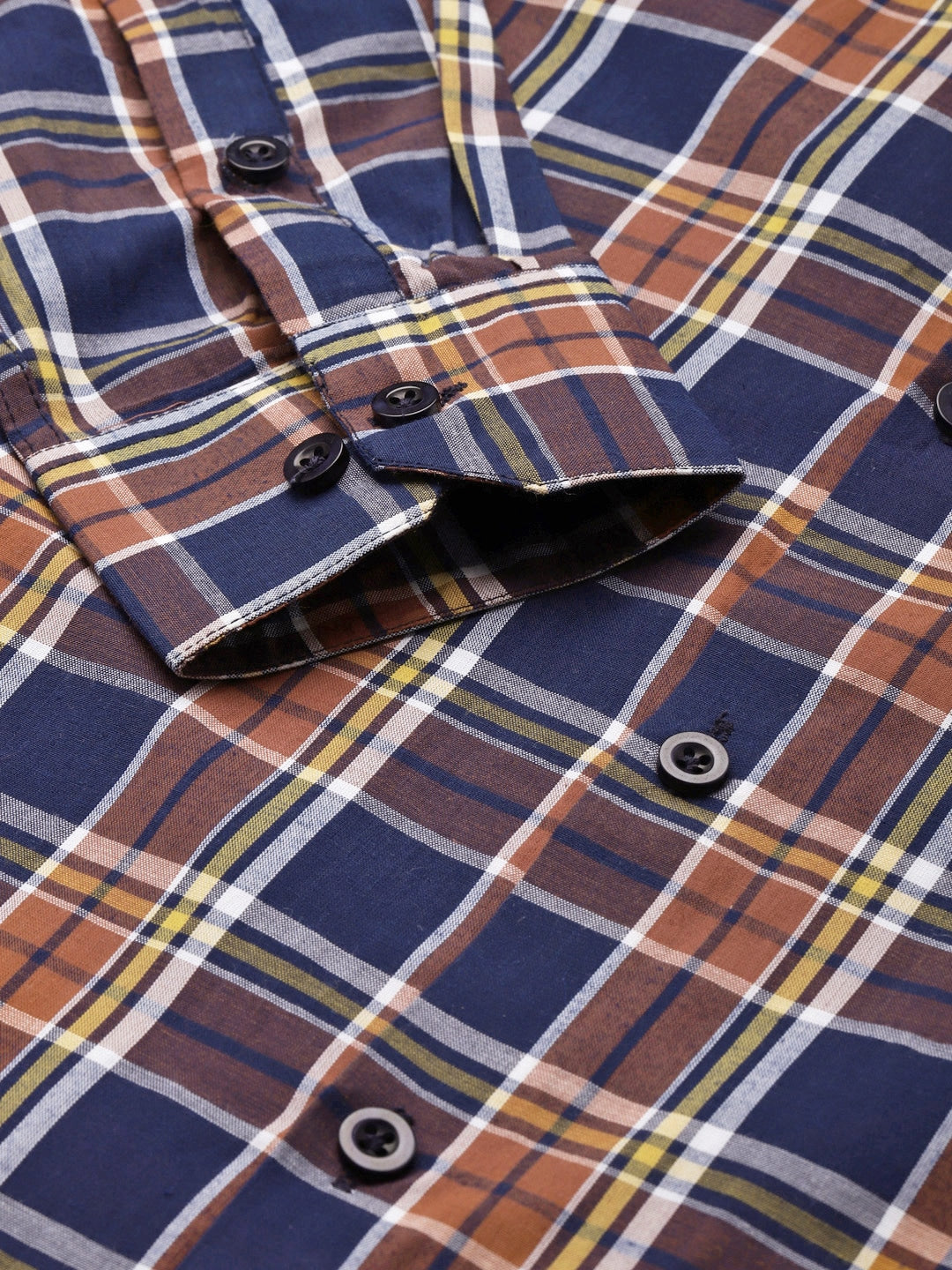 Men's Cotton Orange & Navy Blue Check Formal Shirt