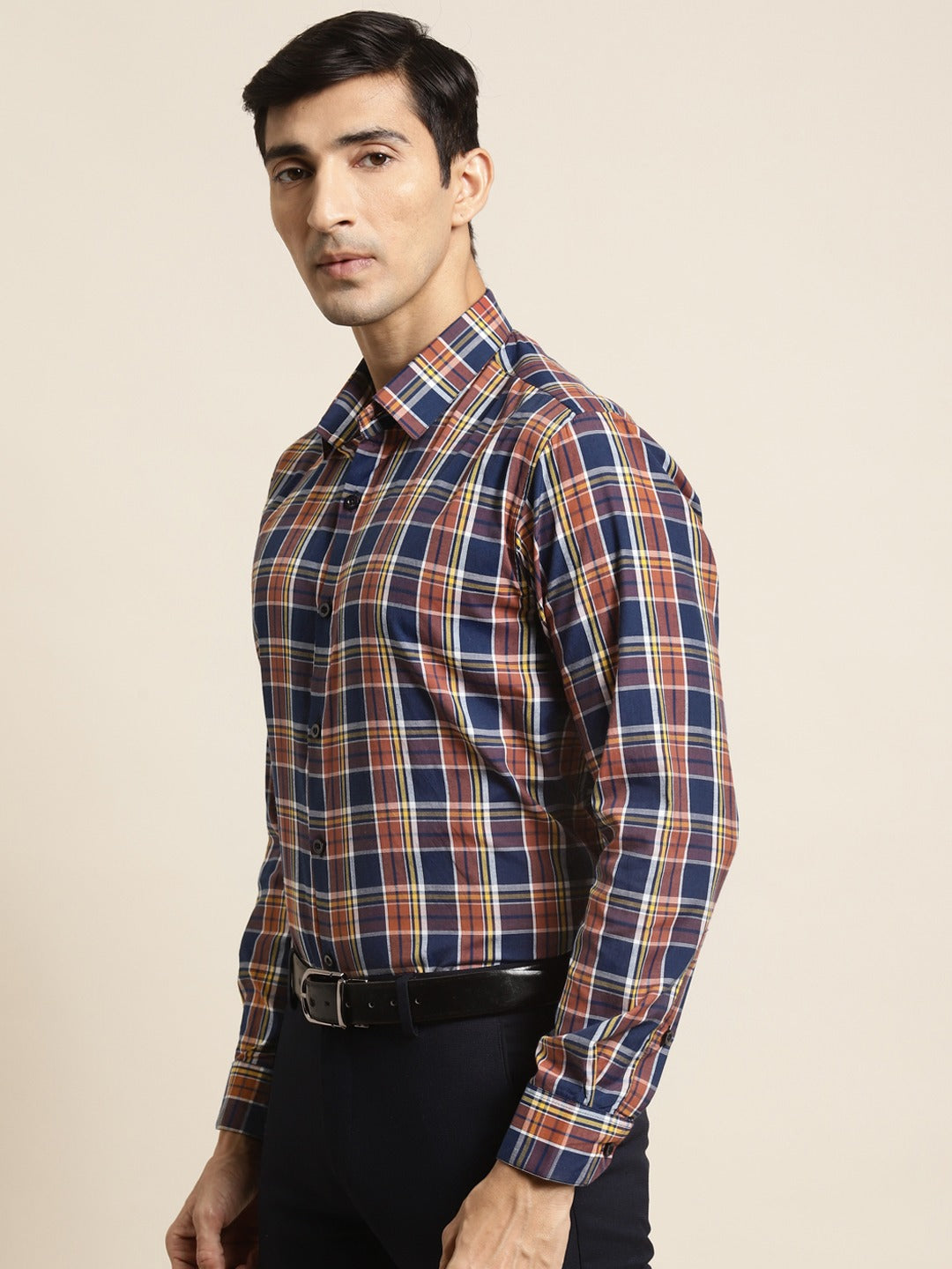 Men's Cotton Orange & Navy Blue Check Formal Shirt