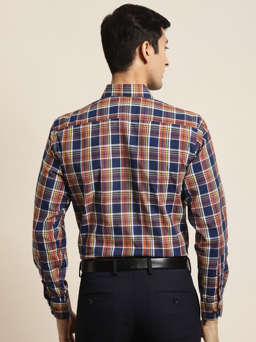 Men's Cotton Orange & Navy Blue Check Formal Shirt