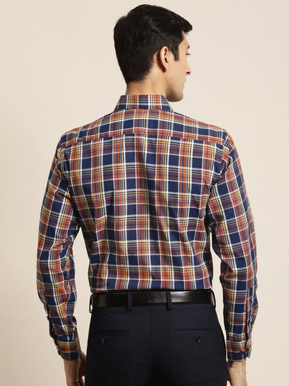 Men's Cotton Orange & Navy Blue Check Formal Shirt