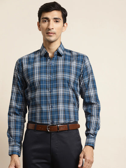 Men's Cotton Peacock & Black Check Formal Shirt