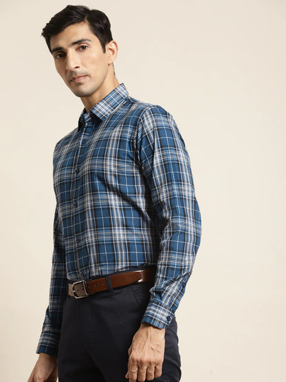 Men's Cotton Peacock & Black Check Formal Shirt