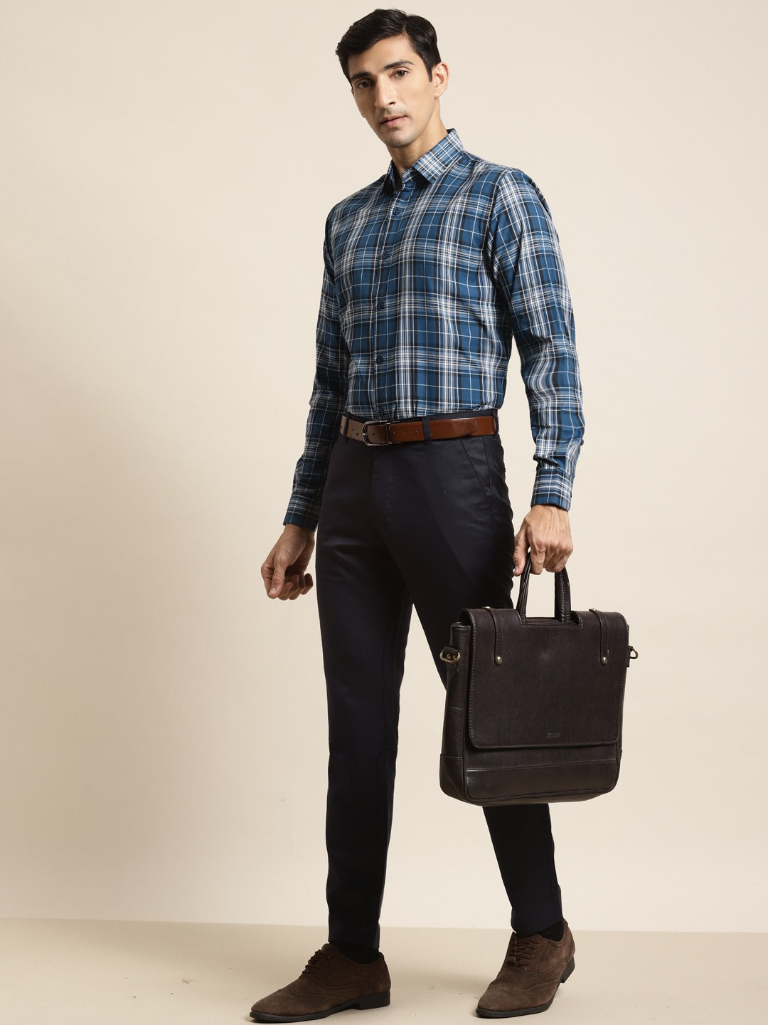 Men's Cotton Peacock & Black Check Formal Shirt