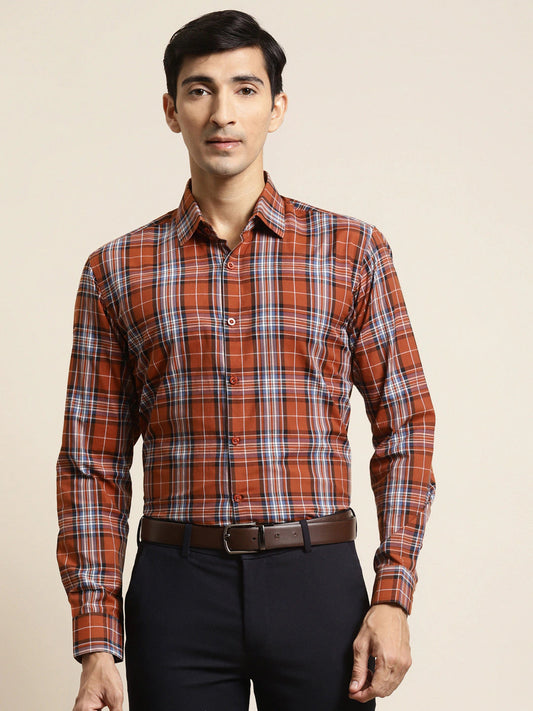 Men's Cotton Rust & Blue Check Formal Shirt