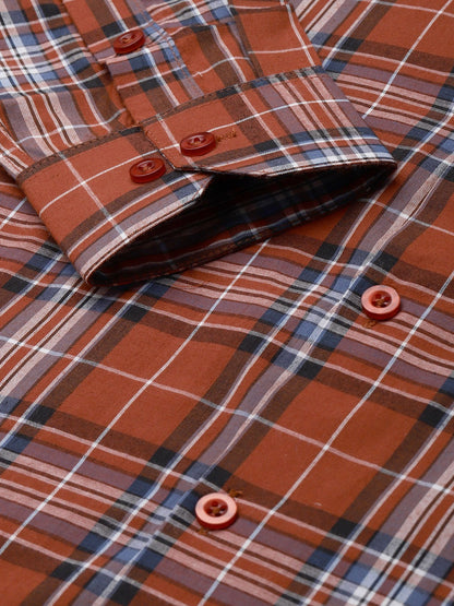 Men's Cotton Rust & Blue Check Formal Shirt