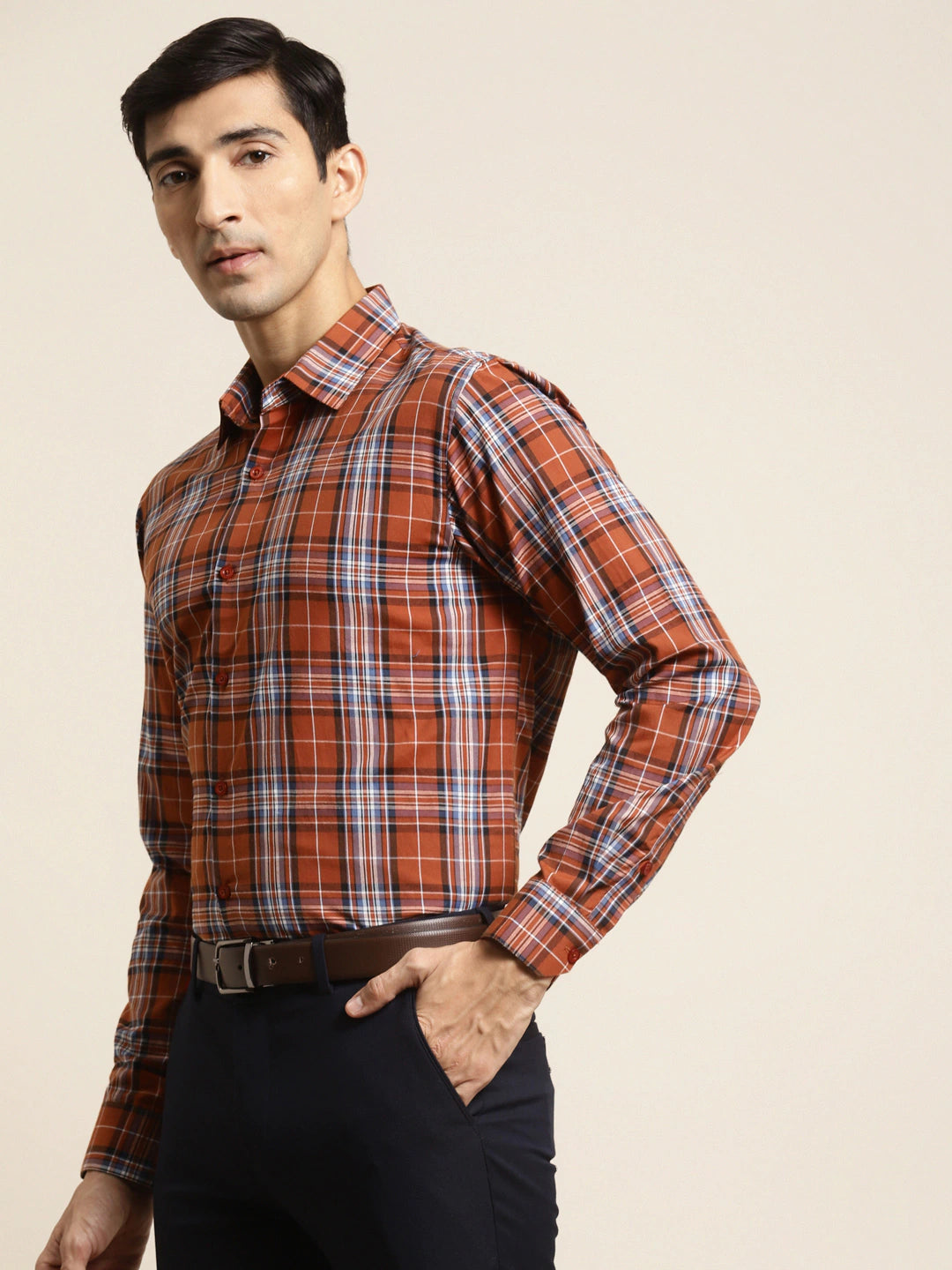 Men's Cotton Rust & Blue Check Formal Shirt