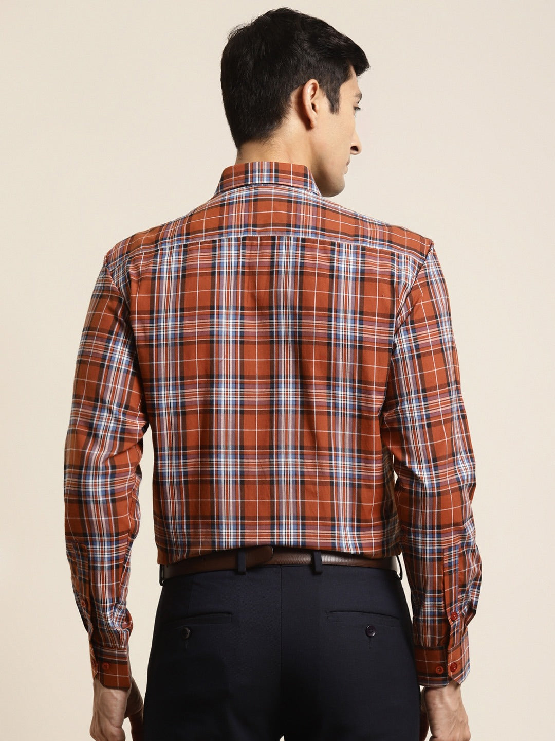 Men's Cotton Rust & Blue Check Formal Shirt