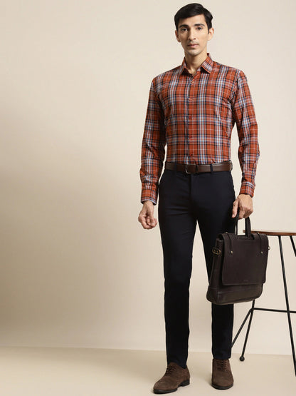 Men's Cotton Rust & Blue Check Formal Shirt