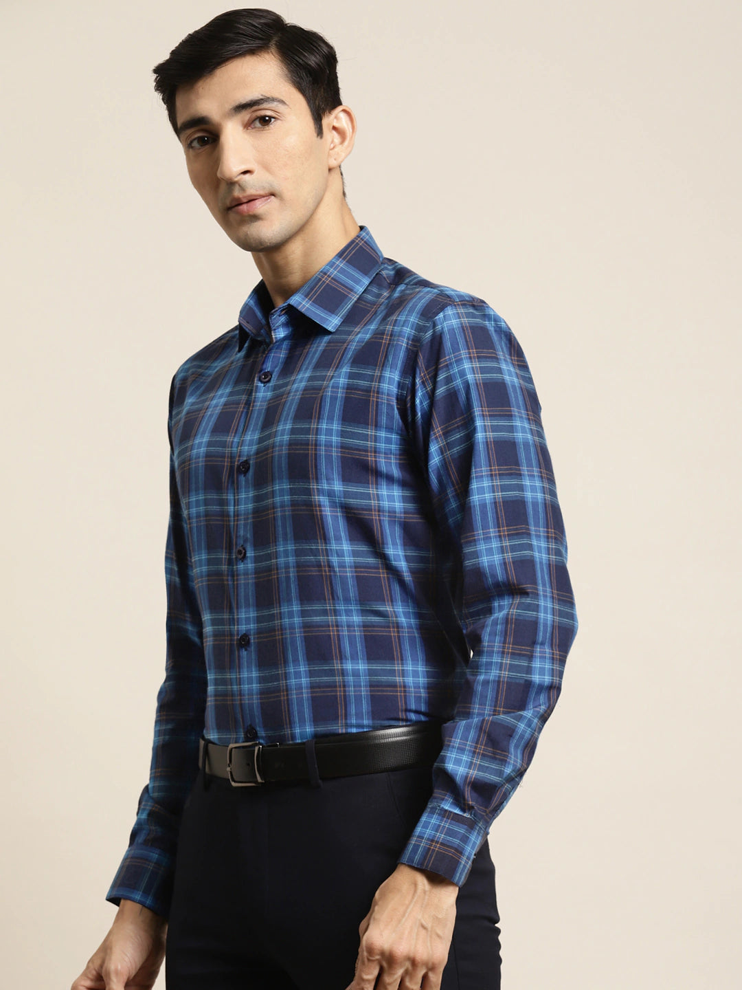 Men's Cotton Navy & Royal Blue Check Formal Shirt