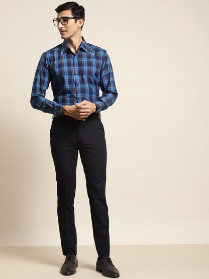 Men's Cotton Navy & Royal Blue Check Formal Shirt