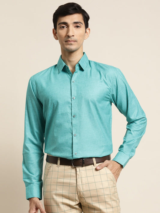 Men's Cotton Linen Turquoise Blue Solid Formal Shirt