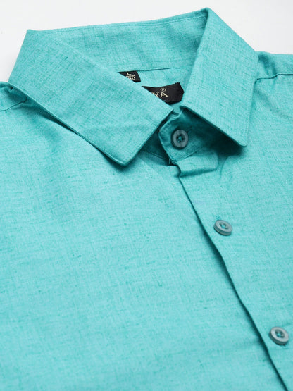 Men's Cotton Linen Turquoise Blue Solid Formal Shirt