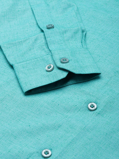 Men's Cotton Linen Turquoise Blue Solid Formal Shirt