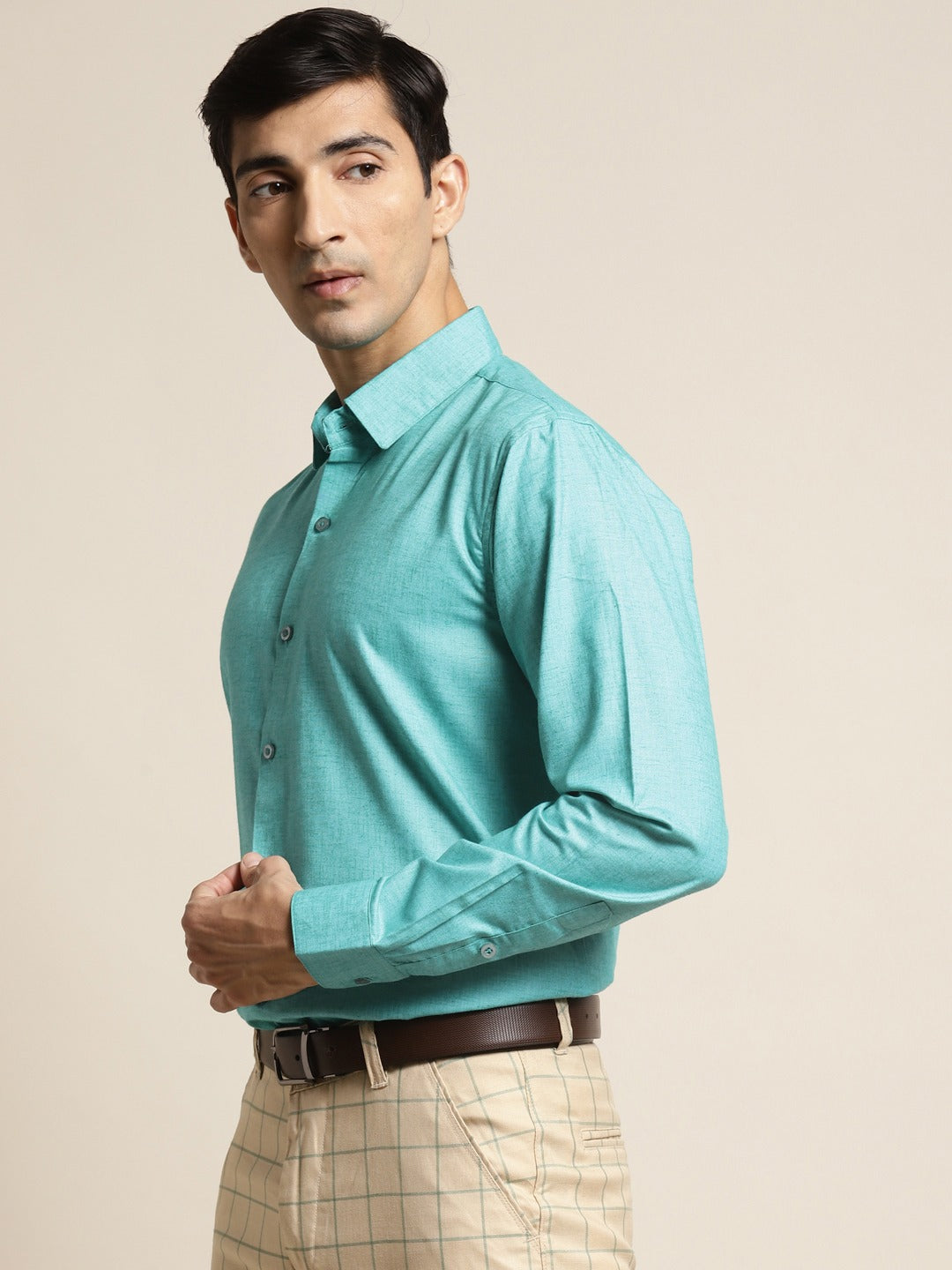 Men's Cotton Linen Turquoise Blue Solid Formal Shirt