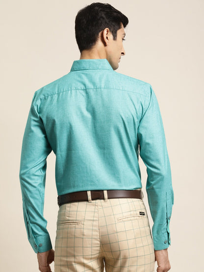 Men's Cotton Linen Turquoise Blue Solid Formal Shirt