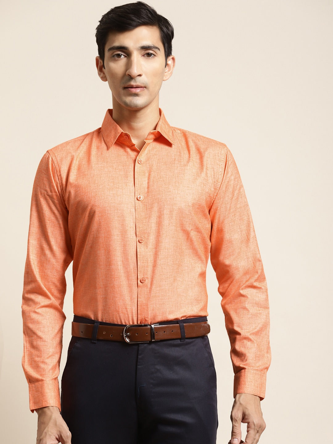 Men's Cotton Linen Orange Solid Formal Shirt