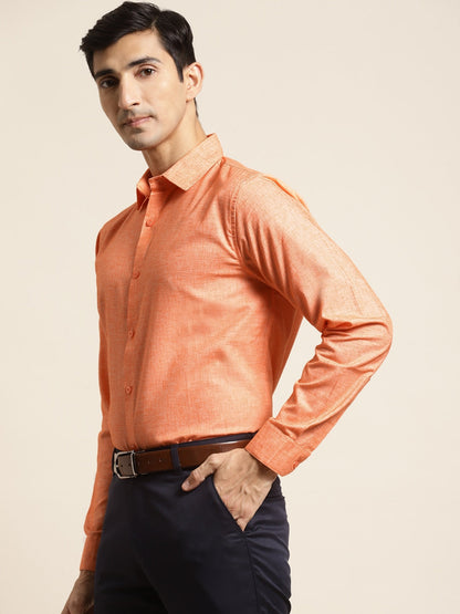 Men's Cotton Linen Orange Solid Formal Shirt