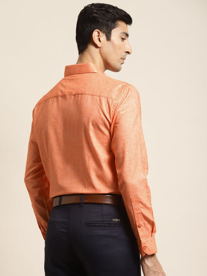 Men's Cotton Linen Orange Solid Formal Shirt