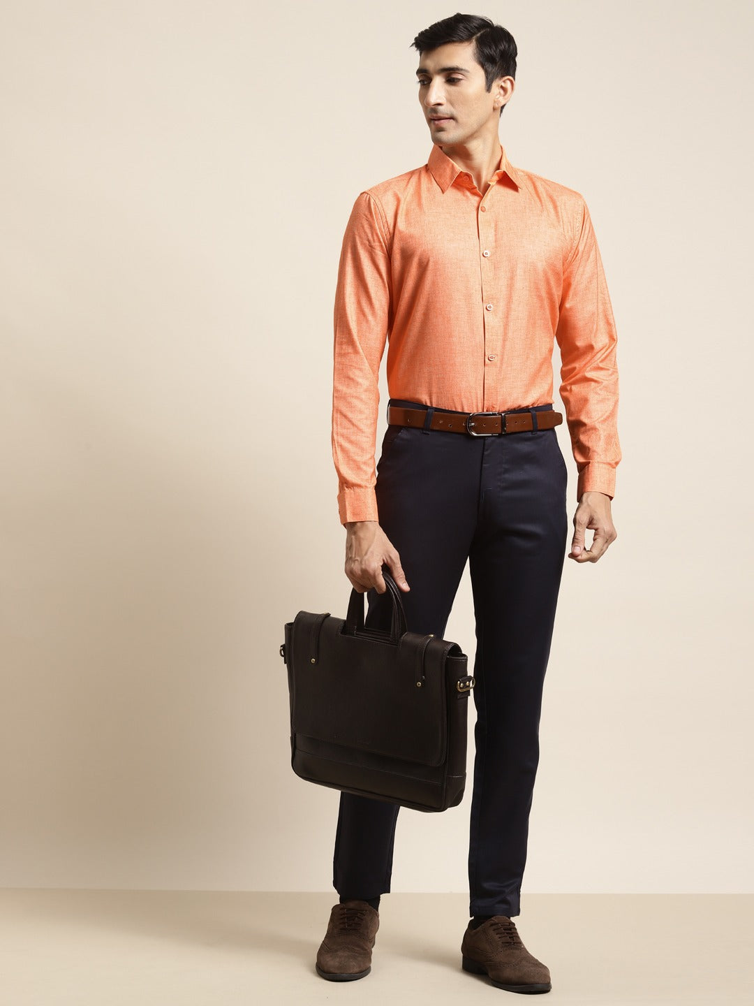 Men's Cotton Linen Orange Solid Formal Shirt