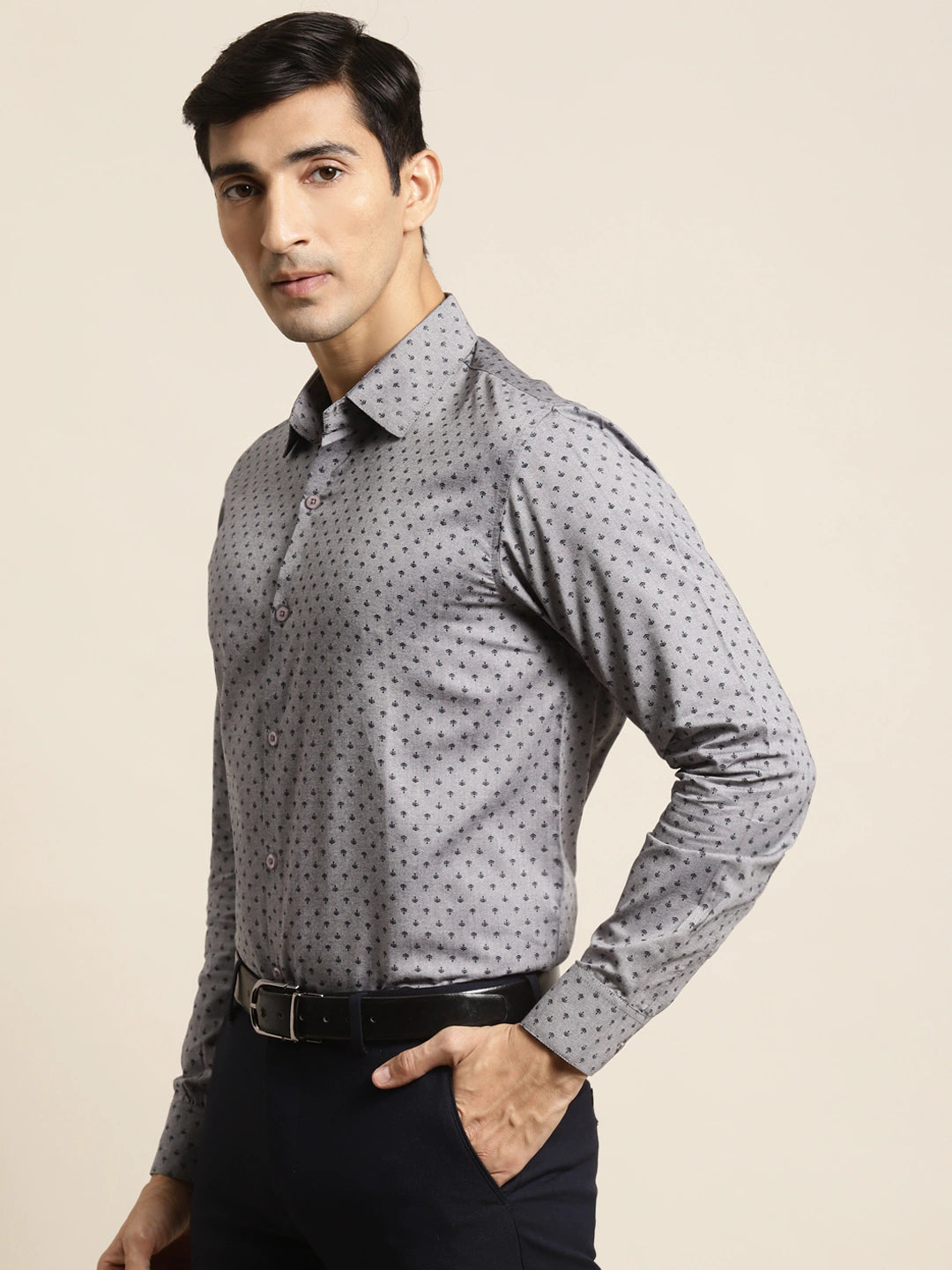 Men's Cotton Grey & Black Printed Formal Shirt