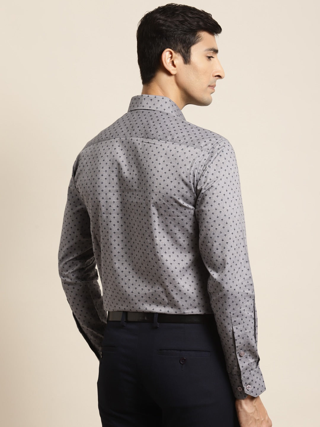 Men's Cotton Grey & Black Printed Formal Shirt