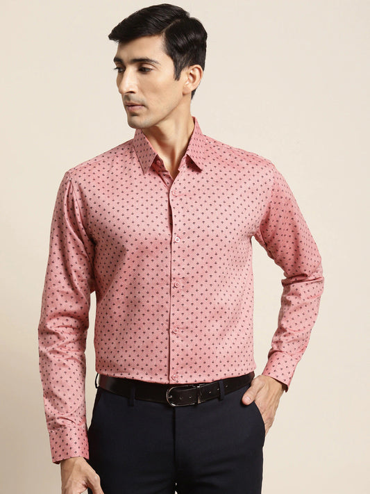 Men's Cotton Coral Red & Black Printed Formal Shirt