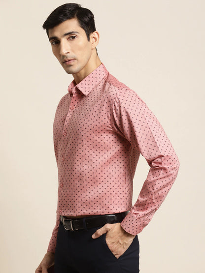 Men's Cotton Coral Red & Black Printed Formal Shirt