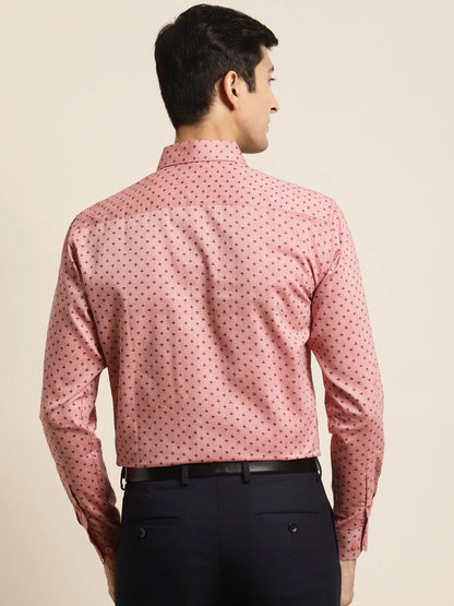 Men's Cotton Coral Red & Black Printed Formal Shirt