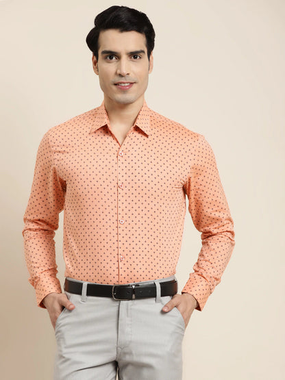 Men's Cotton Peach & Black Printed Formal Shirt