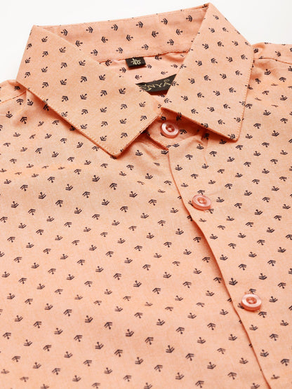 Men's Cotton Peach & Black Printed Formal Shirt