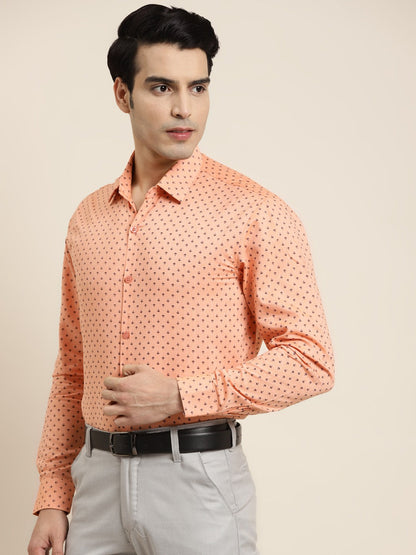 Men's Cotton Peach & Black Printed Formal Shirt