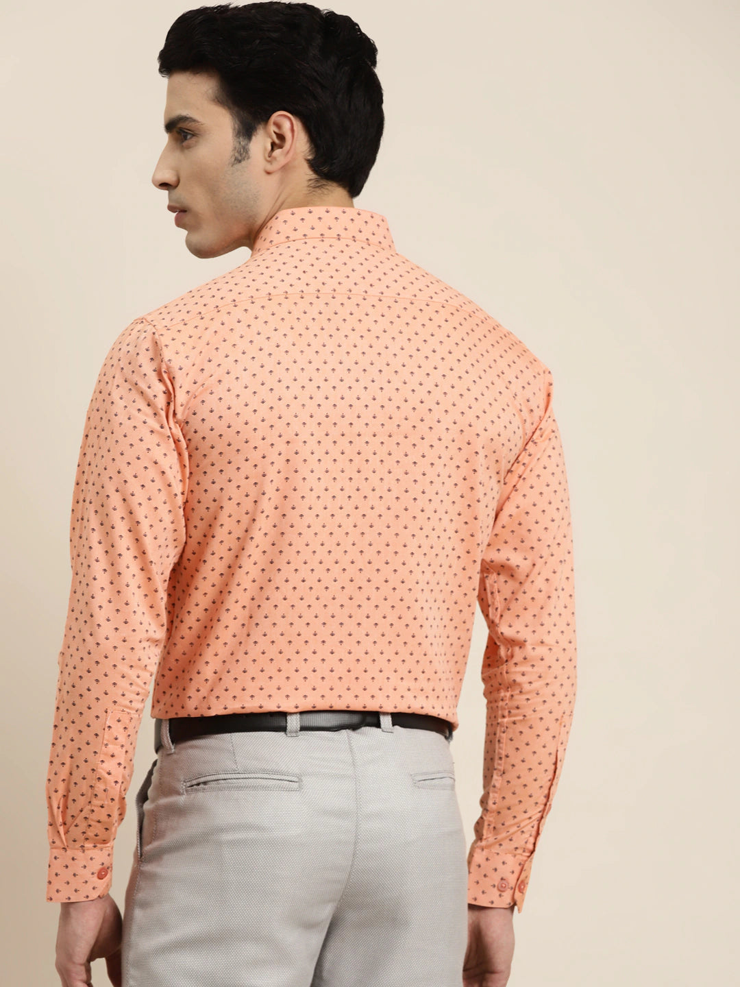 Men's Cotton Peach & Black Printed Formal Shirt