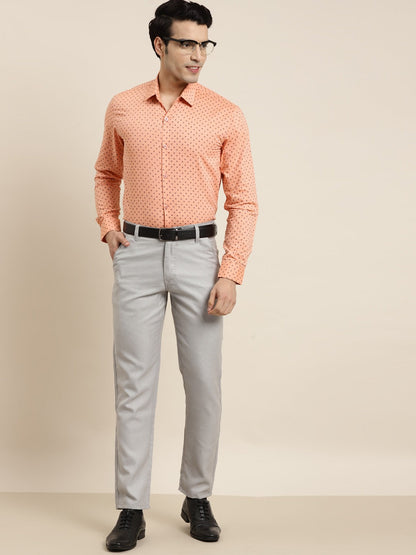 Men's Cotton Peach & Black Printed Formal Shirt