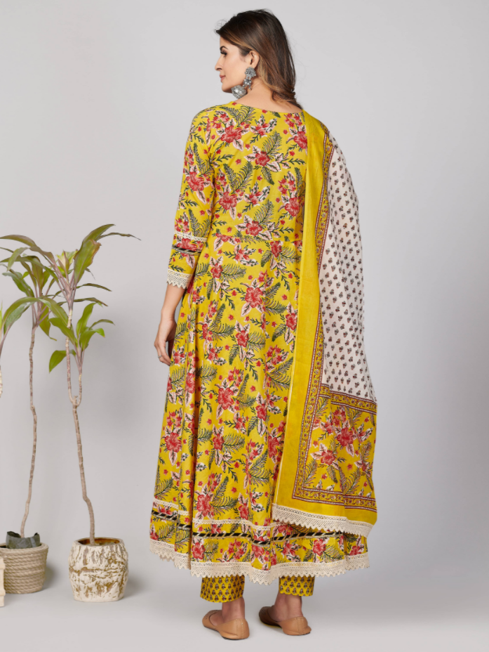 Women's Yellow Anarkali Kurta & Pant With Dupatta Set - (3Pcs Set)