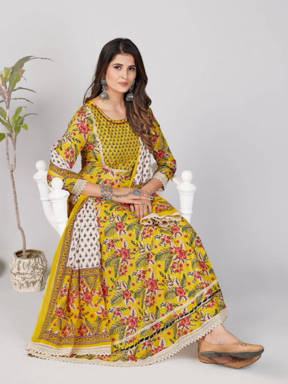 Women's Yellow Anarkali Kurta & Pant With Dupatta Set - (3Pcs Set)