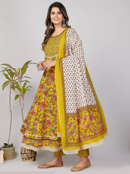 Women's Yellow Anarkali Kurta & Pant With Dupatta Set - (3Pcs Set)