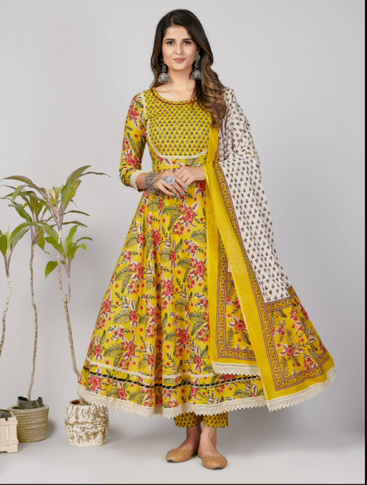 Women's Yellow Anarkali Kurta & Pant With Dupatta Set - (3Pcs Set)