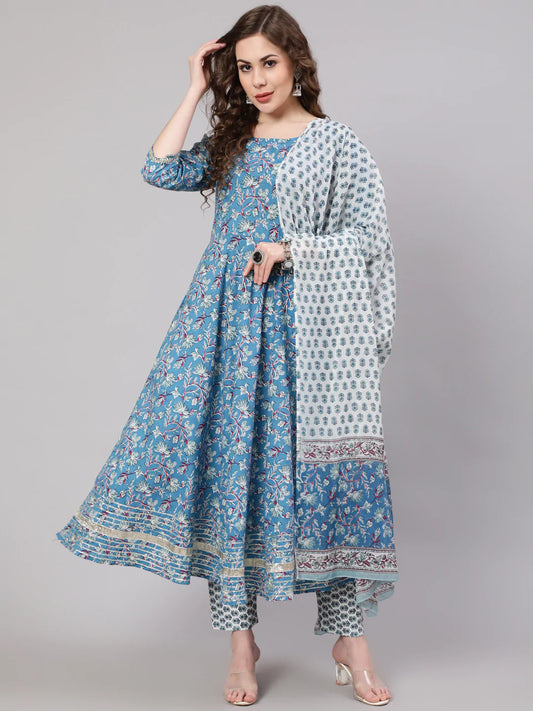 Women's Blue Printed Anarkali Kurta With Trouser And Dupatta