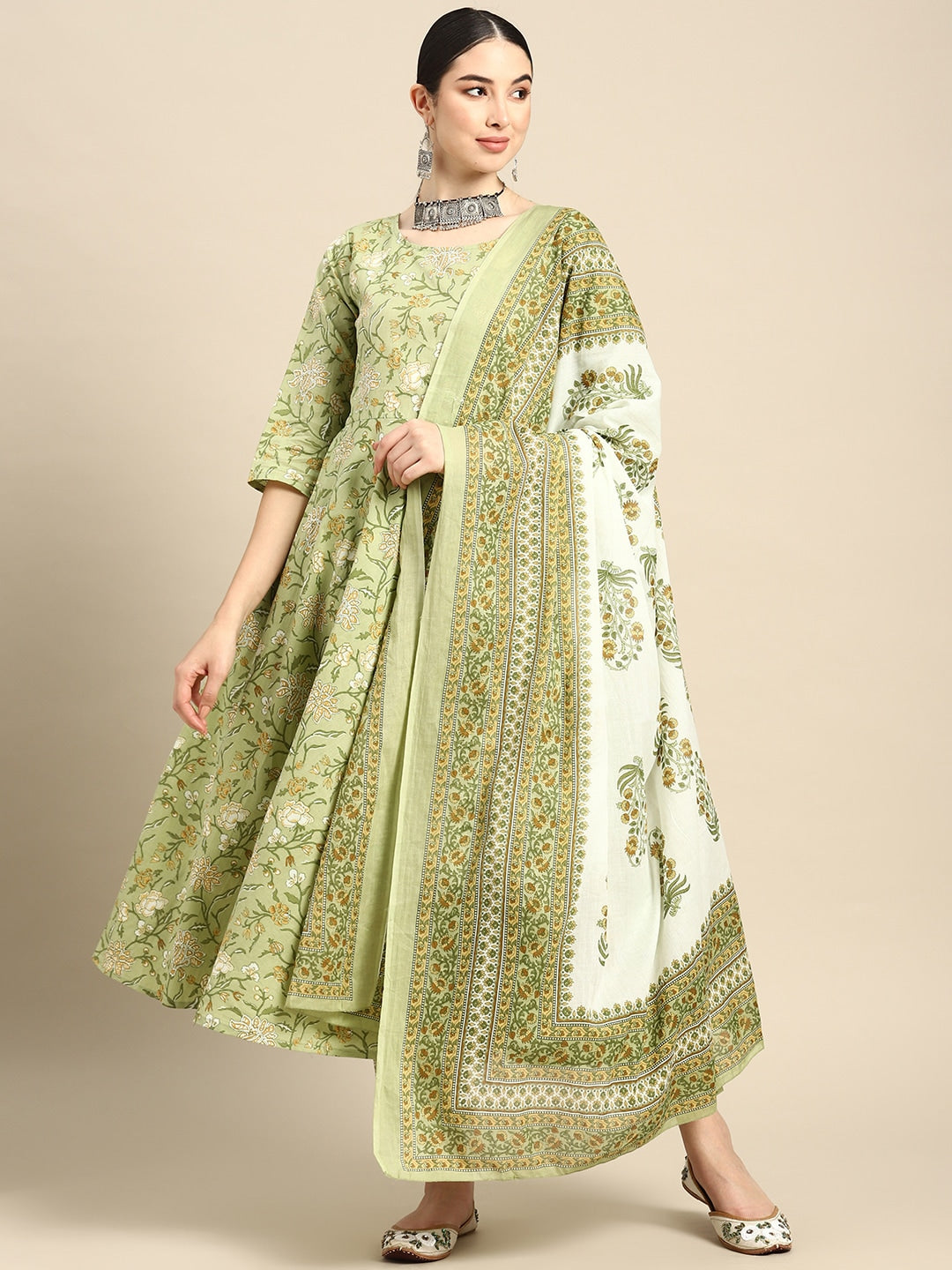 Women's Green Floral Printed Anarkali Kurta With Trouser And Dupatta