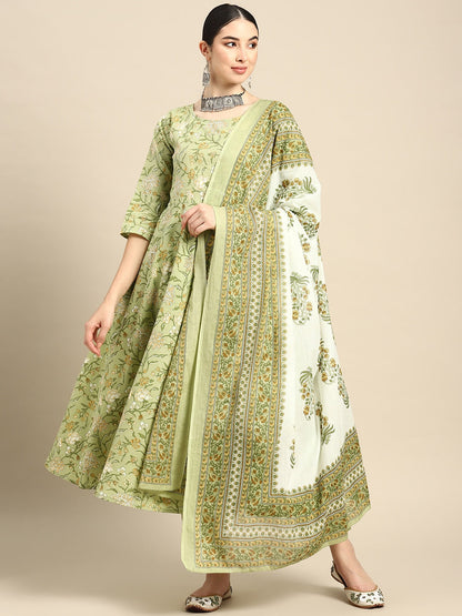 Women's Green Floral Printed Anarkali Kurta With Trouser And Dupatta