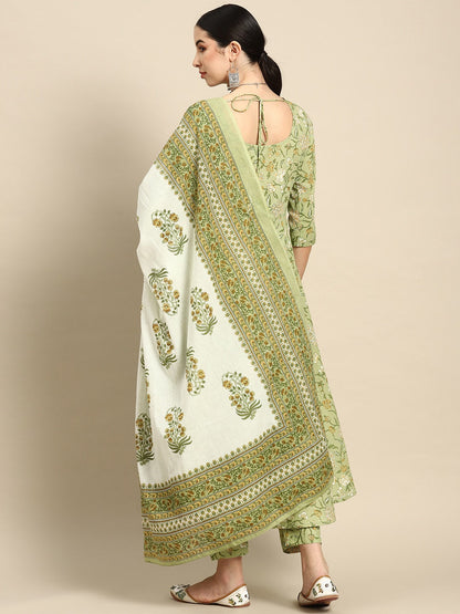 Women's Green Floral Printed Anarkali Kurta With Trouser And Dupatta