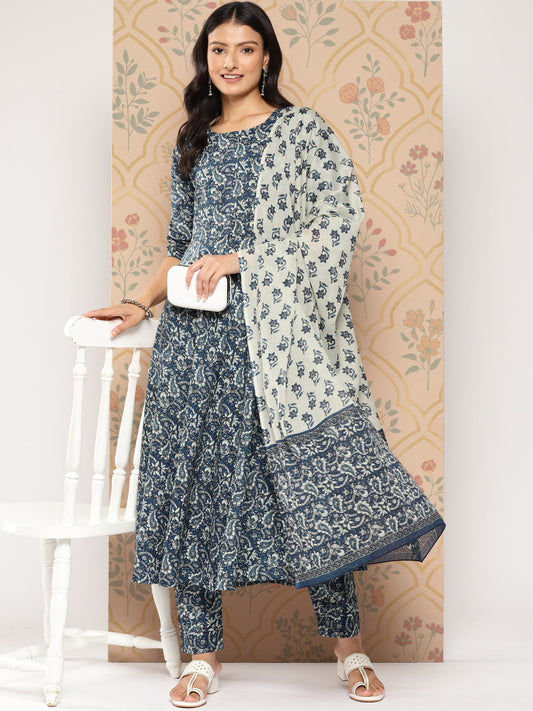 Women's Blue Ethnic Printed Anarkali Kurta With Trouser And Dupatta