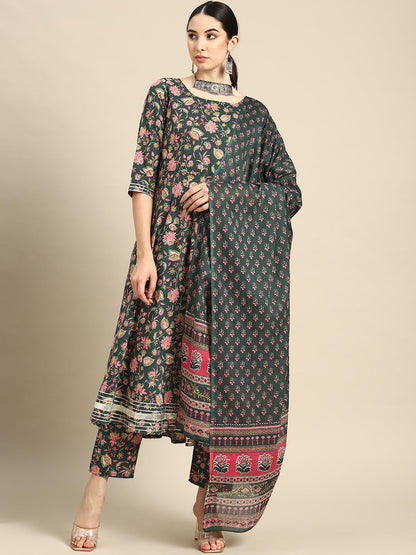 Women's Green & Pink Floral Anarkali Kurta With Trouser And Dupatta