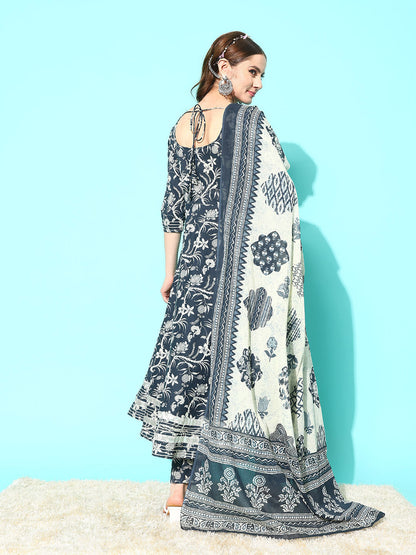 Women's Grey Paisely Printed Anarkali Kurta With Trouser And Dupatta