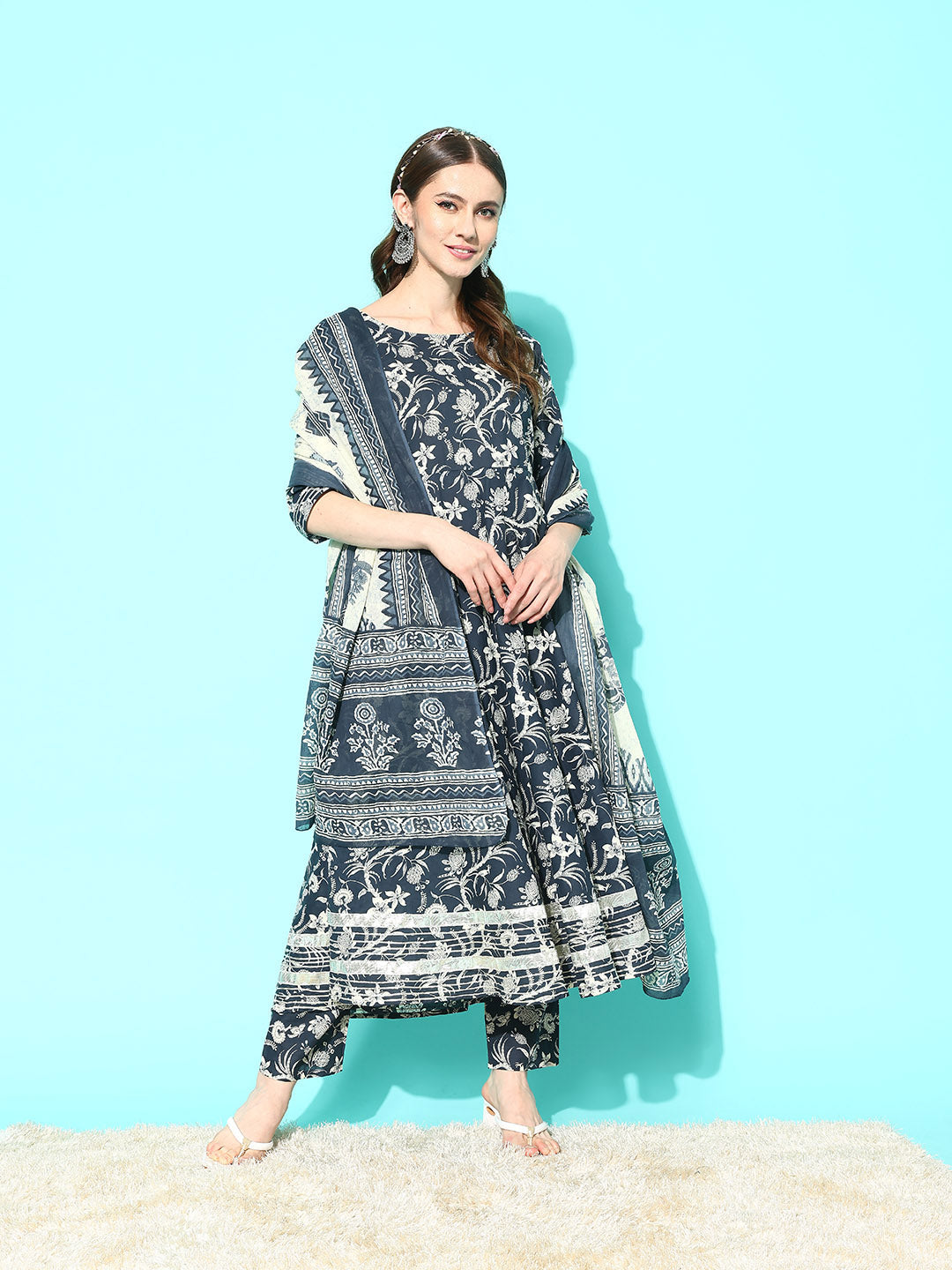 Women's Grey Paisely Printed Anarkali Kurta With Trouser And Dupatta